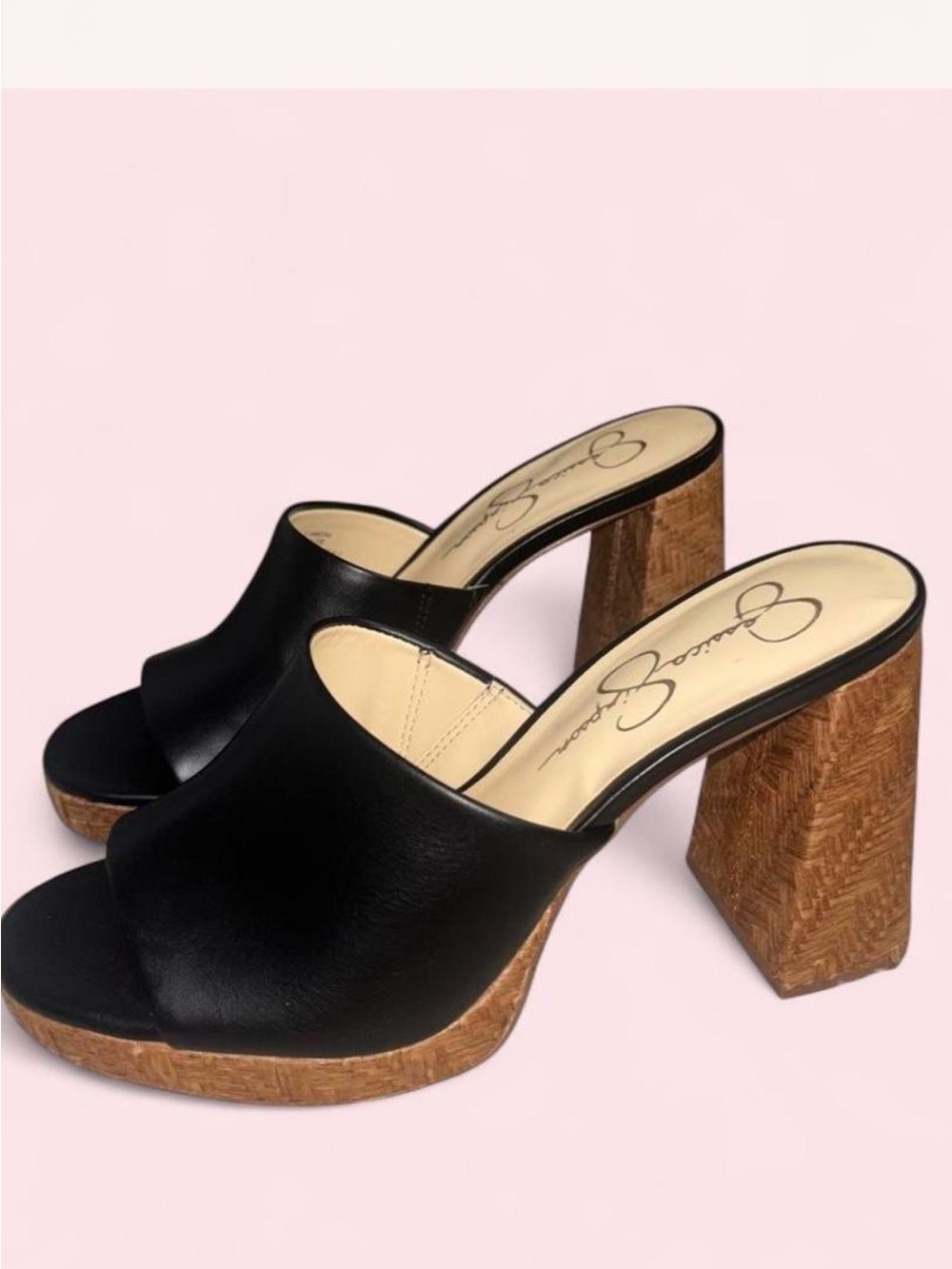 Jessica Simpson Black Leather-Look Cork Block Heel Mules